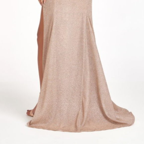 NEW ROSE GOLD OFF SHOULDER GLITTER CREPE MERMAID DRESS WITH LACED BACK GL3030 - Picture 8 of 8